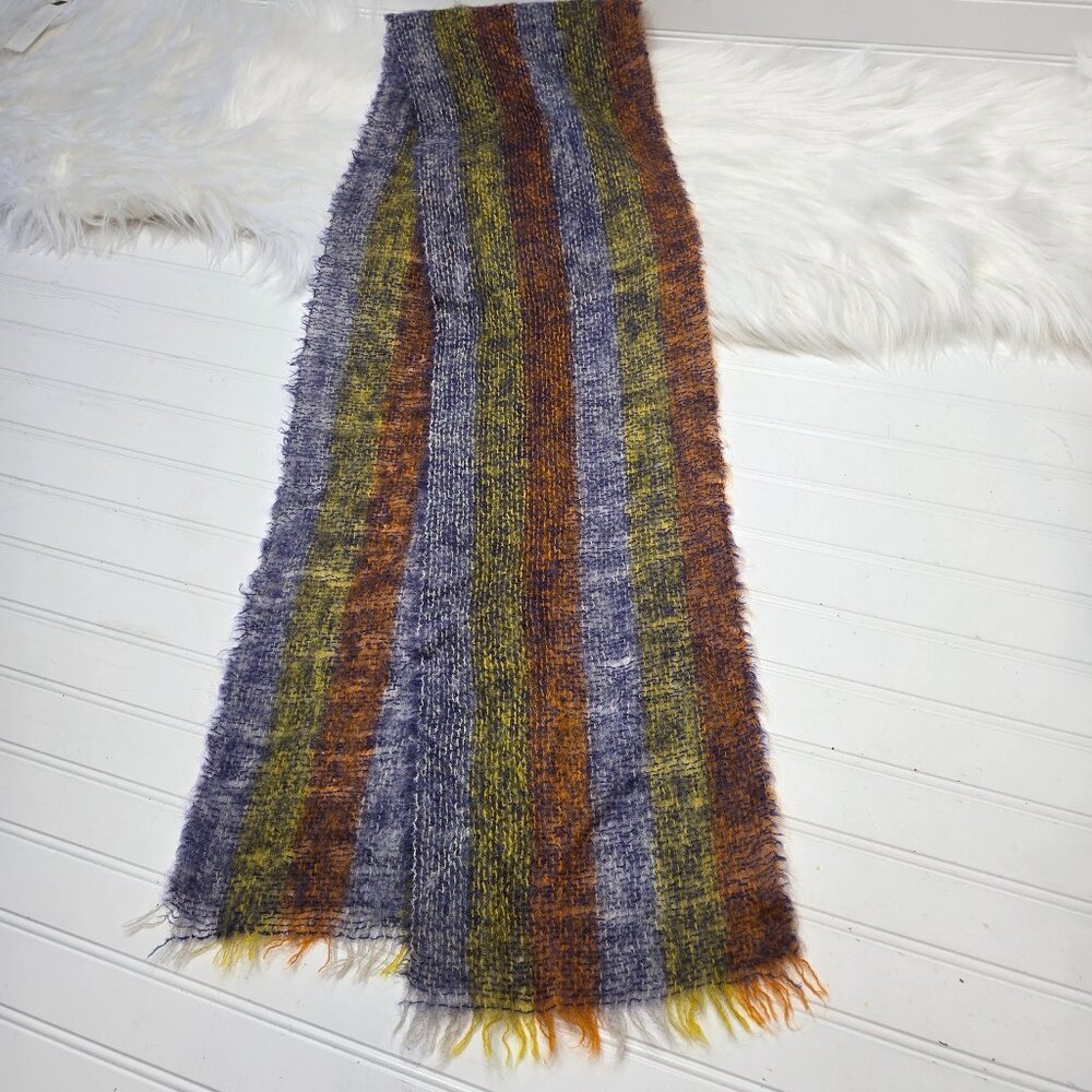 Vtg Heather-Brae Mohair, New Wool Scarf Yellow Orange Blue Stripes Scotland 71”